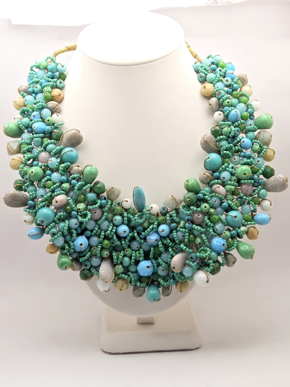 Statement Turquoise & Jade Green Beaded Collar Necklace Chunky Glass And Ceramic